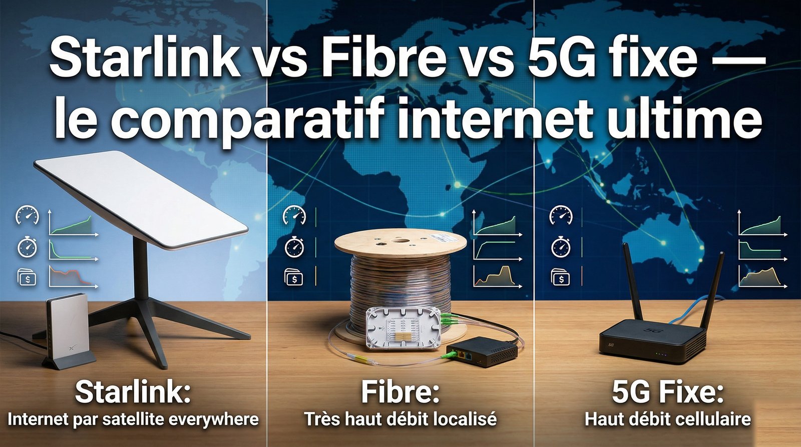 Starlink vs Fibre vs 5G fixe — le comparatif internet ultime